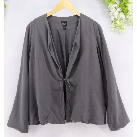 Eileen Fisher Women's Silk Open Front Blazer Tie Front Long Sleeve Gray Sz L - Picture 1 of 10